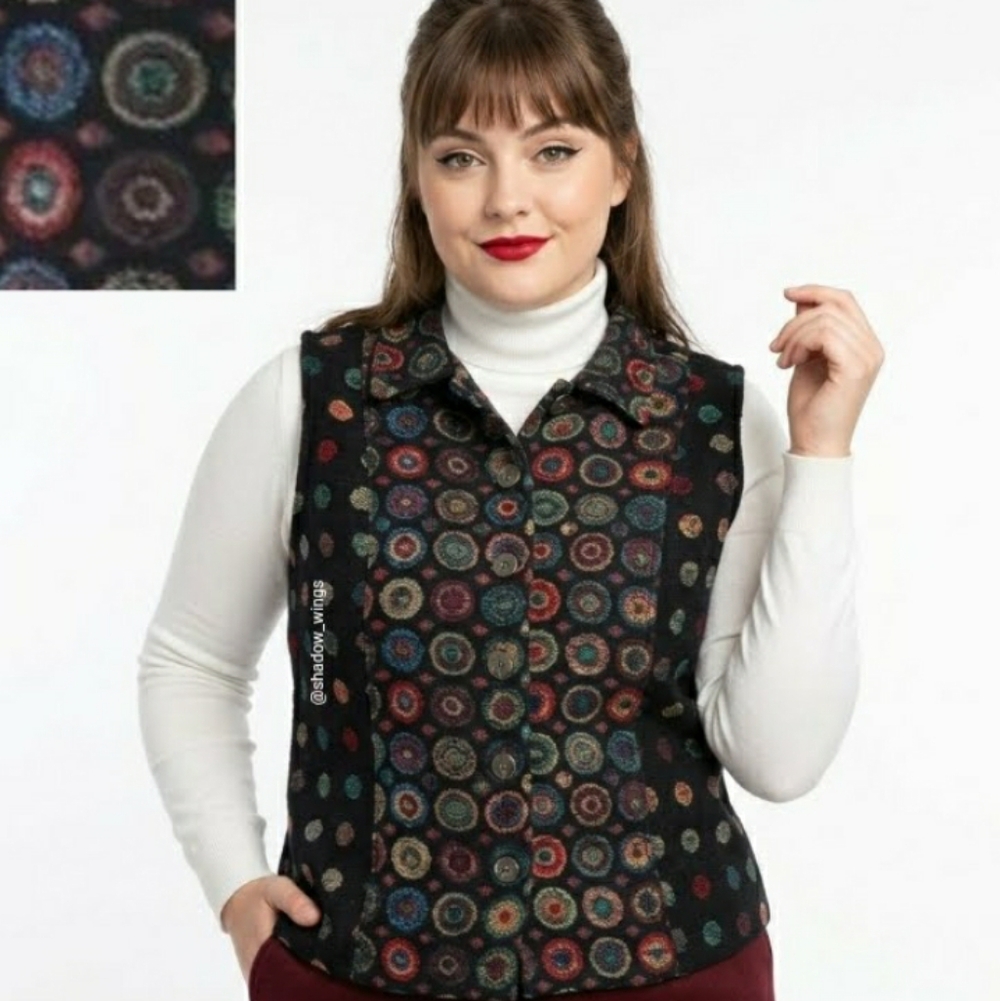 Christopher & Banks Black Tapestry Vest with Colorful Circles - Size Medium